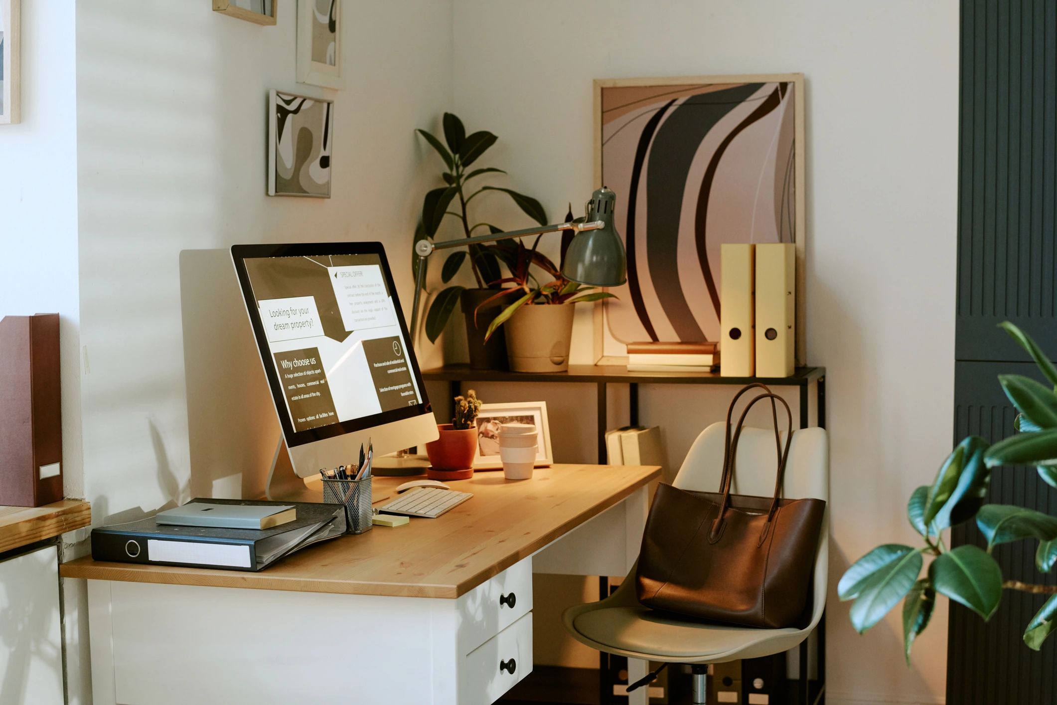 Calm home office desk representing online sessions and administration